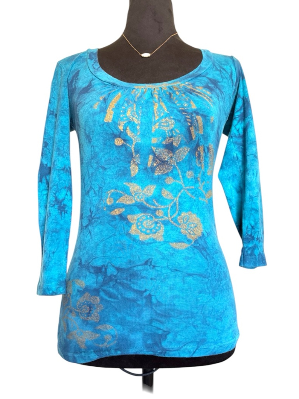 Vintage Michael Stars Small Teal LongSleeve Tie-Dye Top with Gold Floral Design